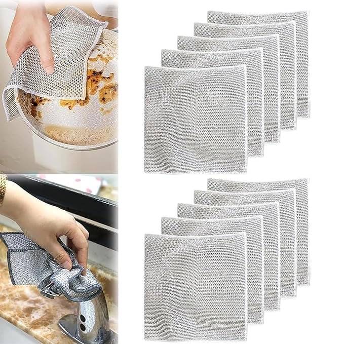 GOPSZOME Double Layer Scrubber, Anti-Scratch Scrubbing Pad for Cleaning Dishes & Sinks, Pots & Pans, Replace Kitchen Sponges, Reusable Multipurpose Steel Cloth Wire (Pack of 10).