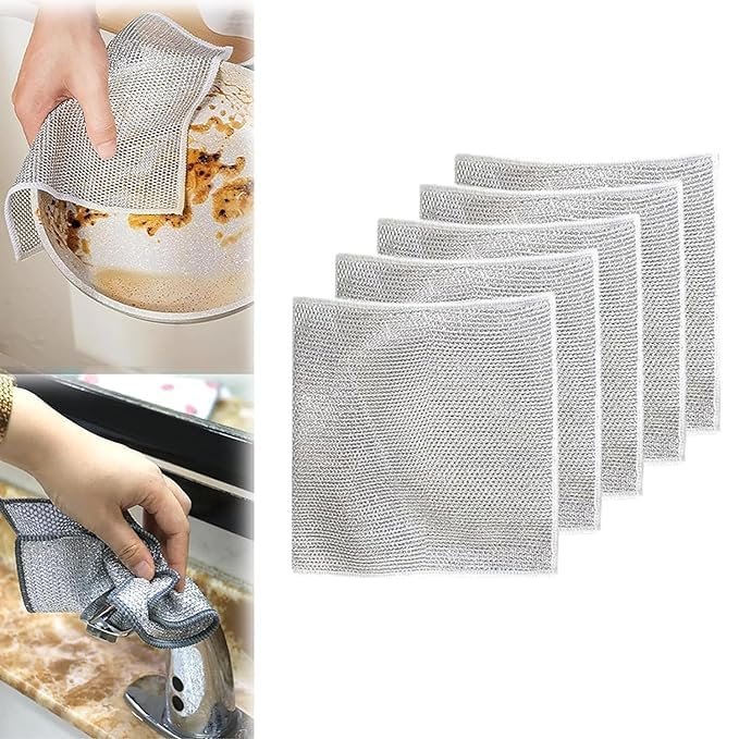 GOPSZOME Double Layer Scrubber, Anti-Scratch Scrubbing Pad for Cleaning Dishes & Sinks, Pots & Pans, Replace Kitchen Sponges, Reusable Multipurpose Steel Cloth Wire (Pack of 5).