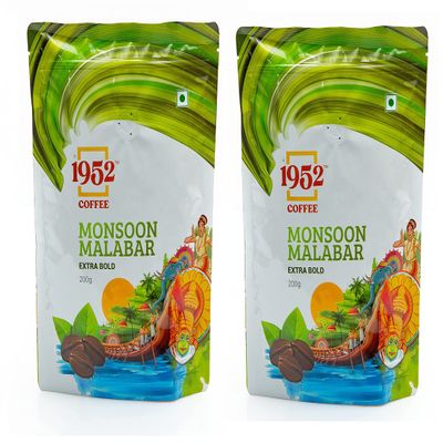 1952 Coffee Monsoon Malabar - 100% Ground Coffee, Indian Specialty Coffee - 2 Packs of 200 Grams (Medium Roast)