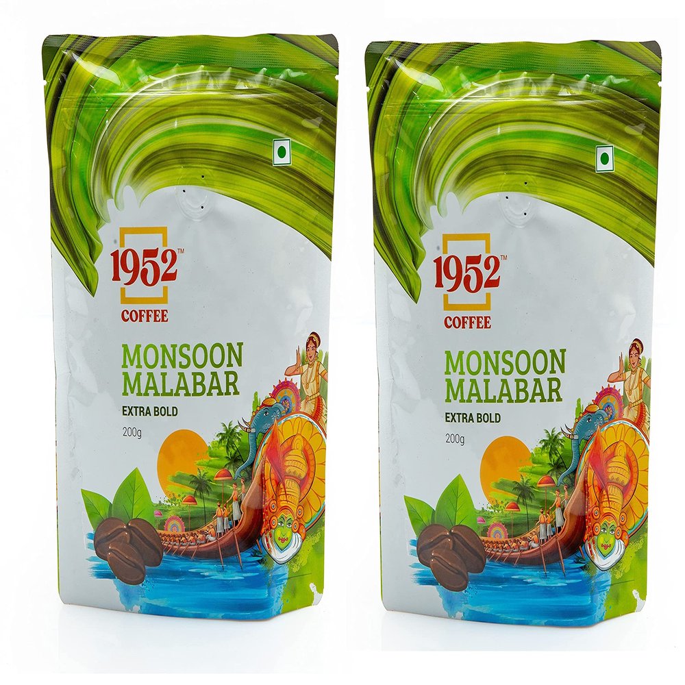 1952 Coffee Monsoon Malabar - 100% Ground Coffee, Indian Specialty Coffee - 2 Packs of 200 Grams (Medium Roast)