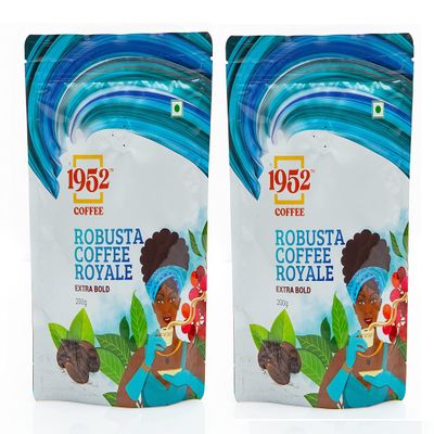1952 Coffee Robusta Coffee Royale - 100% Ground Coffee, Indian Specialty Coffee - 2 Packs of 200 Grams (Medium Roast)