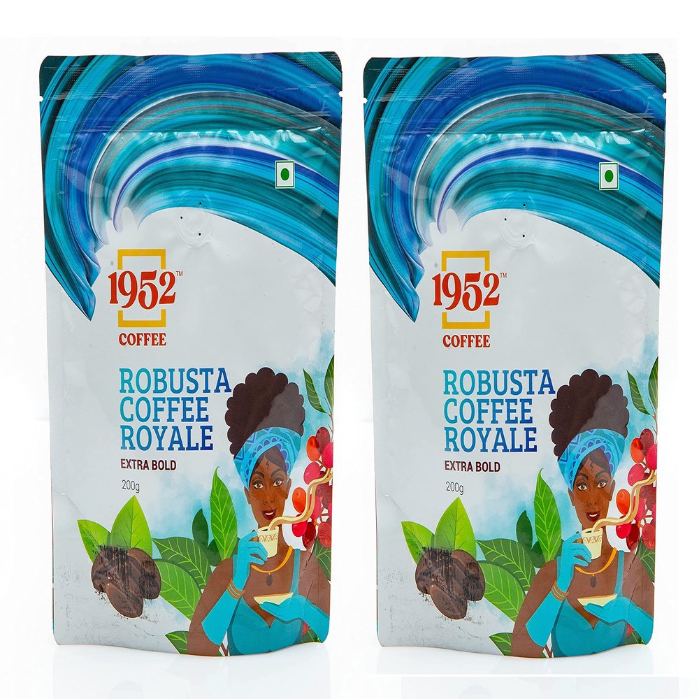 1952 Coffee Robusta Coffee Royale - 100% Ground Coffee, Indian Specialty Coffee - 2 Packs of 200 Grams (Medium Roast)