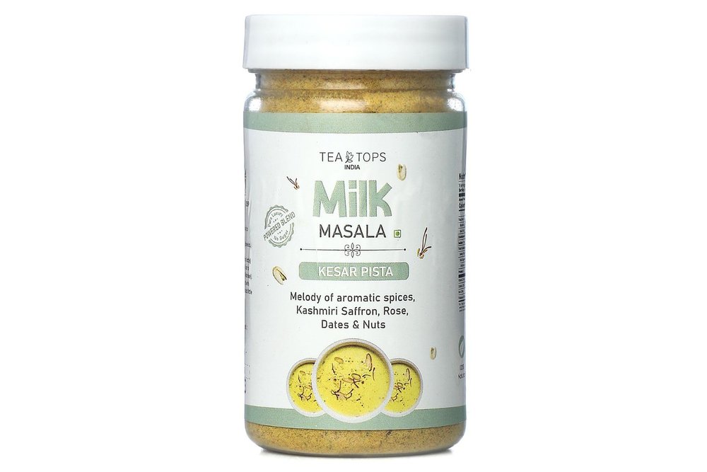 Tea Tops India Milk Masala | Melody of aromatic Spices, Saffron, Rose, Date & Nuts | Naturally sweetened with Dates Powder | Powdered Milk Mix | Kesar Pista | 100 g