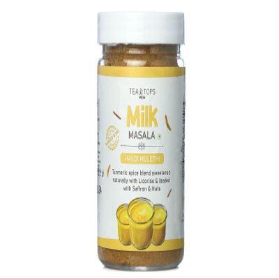 Tea Tops India Milk Masala | Melody of aromatic Spices, Saffron, Rose, Date & Nuts | Naturally sweetened with Dates Powder | Powdered Milk Mix | Golden Milk | Turmeric Spiced Latte Mix | Haldi Mulethi |100 g