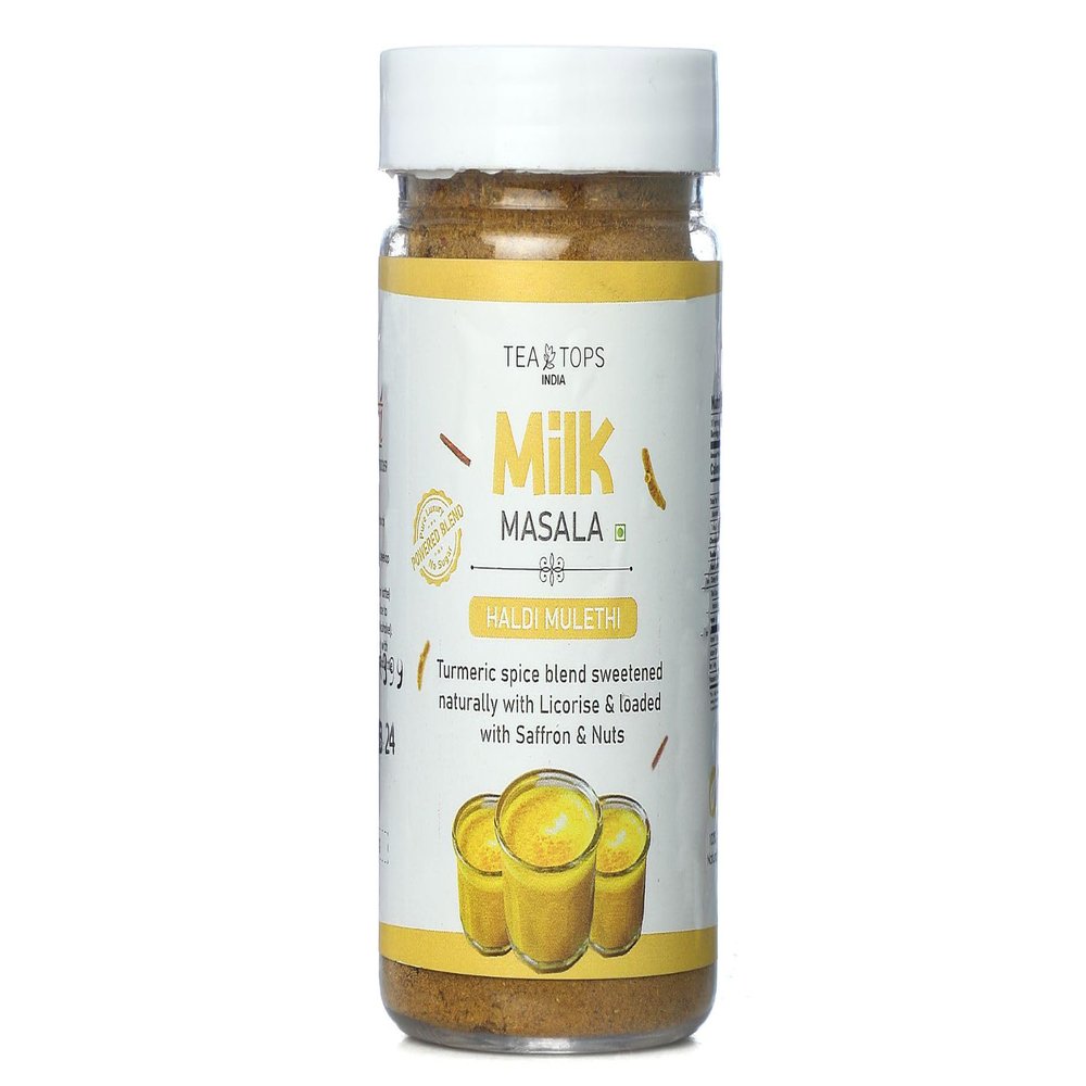 Tea Tops India Milk Masala | Melody of aromatic Spices, Saffron, Rose, Date & Nuts | Naturally sweetened with Dates Powder | Powdered Milk Mix | Golden Milk | Turmeric Spiced Latte Mix | Haldi Mulethi |100 g
