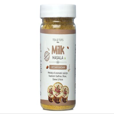 Tea Tops India Milk Masala | Melody of aromatic Spices, Saffron, Rose, Date & Nuts | Naturally sweetened with Dates Powder | Powdered Milk Mix | Kesar Badam | 100 g