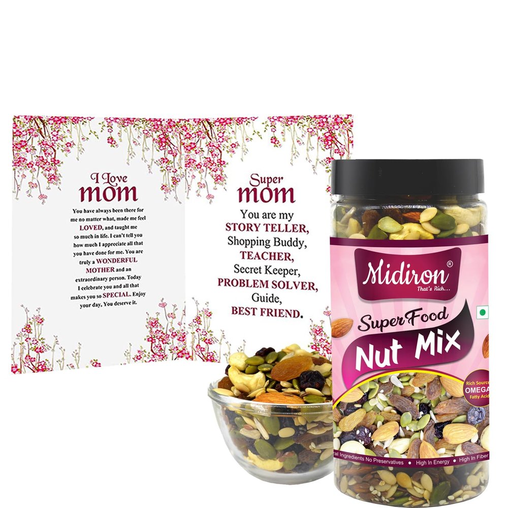 Midiron Mother's Day Uniqe Gift Combo | Nut Mix 250g Pack Bottle |Lovely Gift for Mother's Day, Birthday, Anniversary | High in Fiber & Boost Immunity | Real Nuts | Gluten Free | Greeting Card