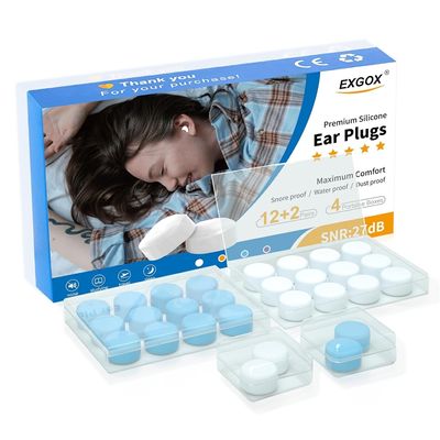 14 Pairs Silicone Ear Plugs for Sleeping & Snoring, Noise Cancelling Earplugs, Reusable Moldable Wax Earplugs for Swimming & Showering, Bathing, Suitable for Adults and Kids (White & Blue)