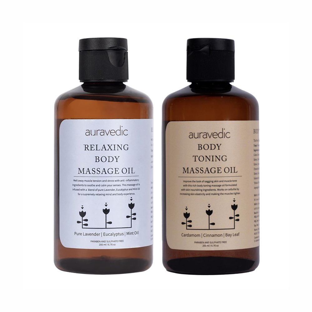 Auravedic Relaxing Body Massage Oil & Stretch Marks Muscle Toning Body Oil After Bath For Daily Use 200ml Pack Of 2 With Eucalyptus Mint Lavender