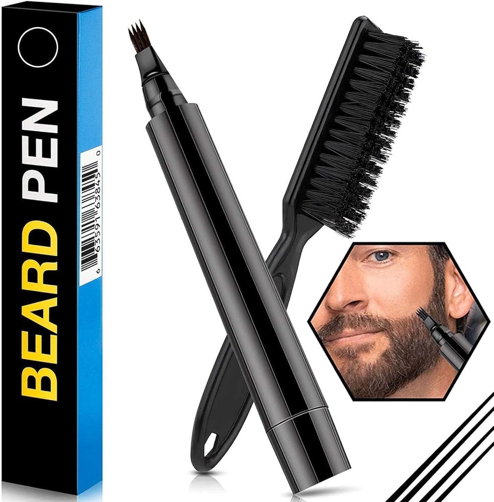 Beard Pencil Filler For Men Barber Styling Pen with Bristle Beard Brush Waterproof, Sweat Proof Natural Shaping Up for Men Beard, Moustache & Eyebrows