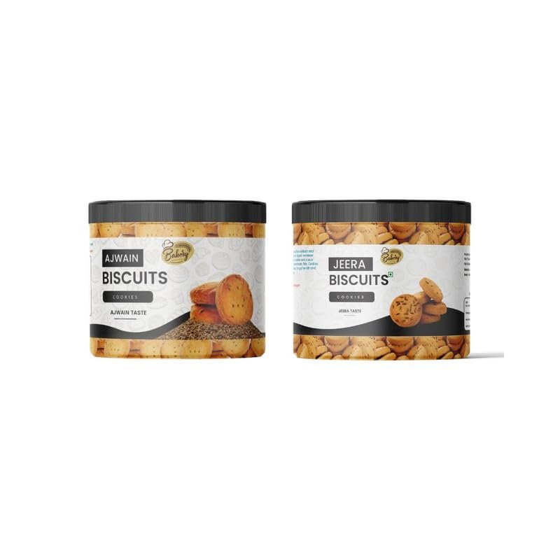 THE HERB PLANET Combo Pack of Biscuits | Ajwain Biscuit and Jeera Biscuit | Homemade Taste Vegetarian Cookies |200 Grams Each | Pack of 2