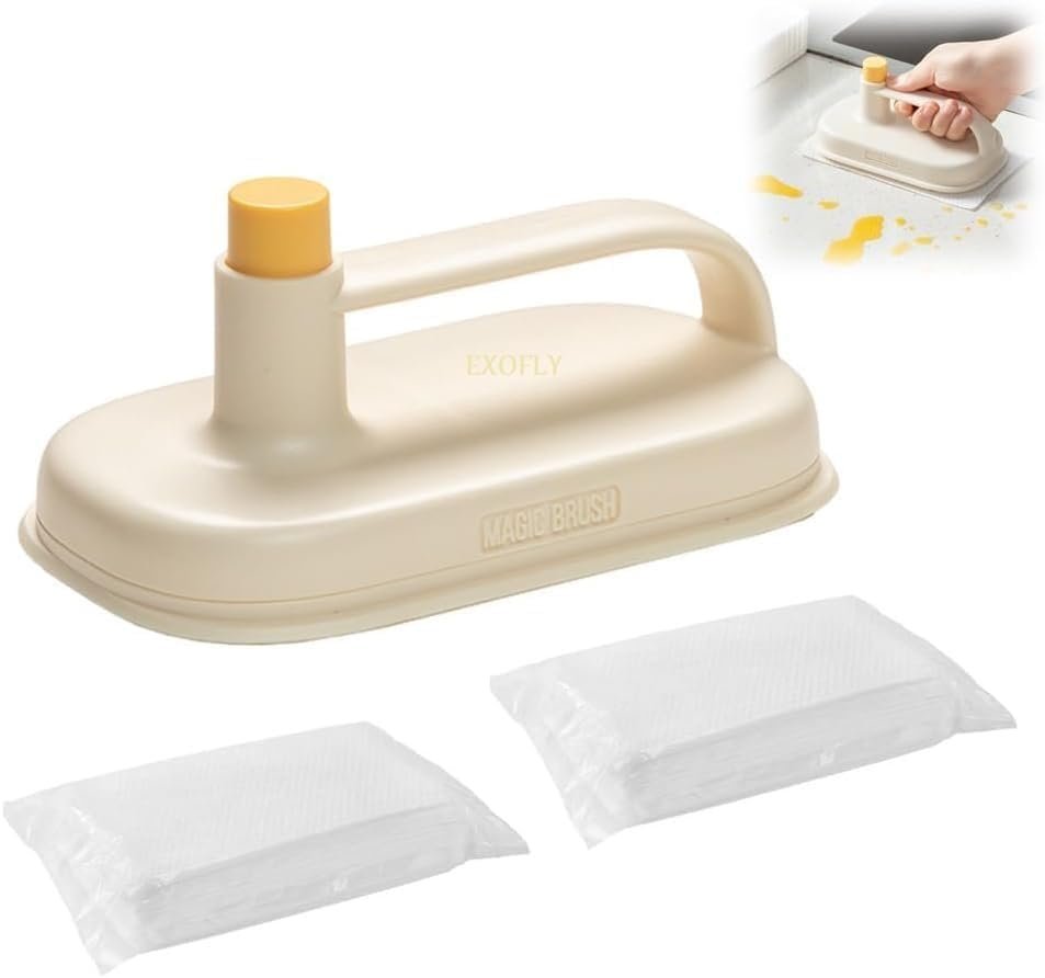 EXOFLY Disposable Magic Brush Protecting Hands Cleaning Rag with Handle, Replaceable Kitchen Degreasing Specialized Cleaning Cloth Scouring Pad (with 100Pcs Rag)