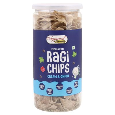 Aggarwal Namkeen Healthy Snacks All Natural Real Ragi Chips Stress Buster Vacuum Cooked Gluten Free Vegan Tasty Crisps No Preservatives Hand Made (Cream & Onion, 1)