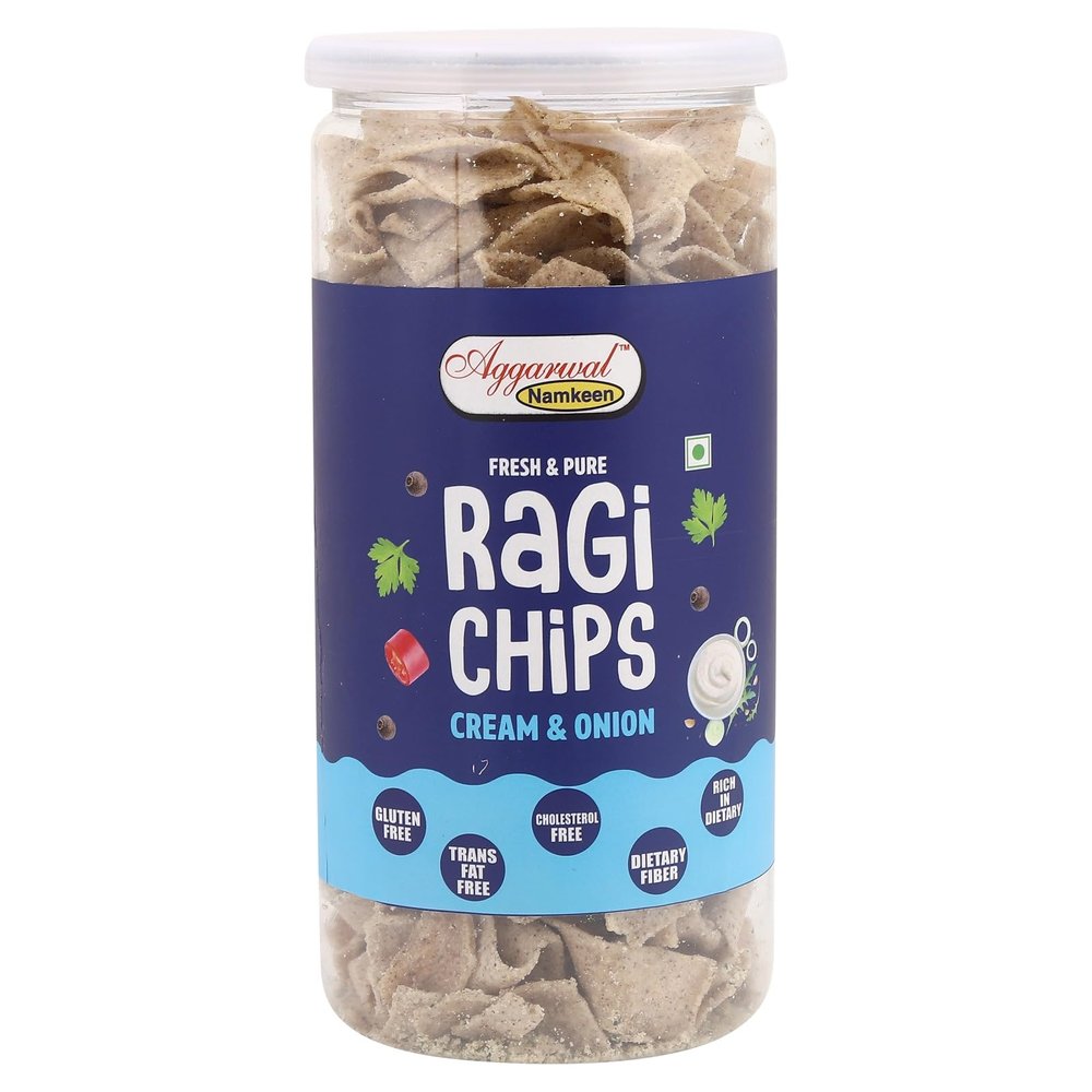 Aggarwal Namkeen Healthy Snacks All Natural Real Ragi Chips Stress Buster Vacuum Cooked Gluten Free Vegan Tasty Crisps No Preservatives Hand Made (Cream & Onion, 1)
