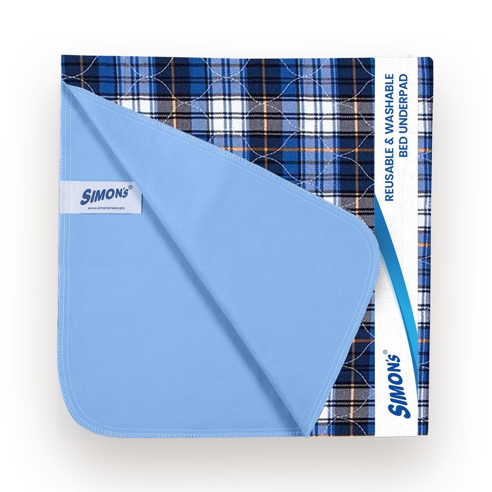 Simons Adult Reusable Stain-Mask Bed Underpad for Elderly, Heavy Absorbency Large Size 34 X 36 inches | Leak Proof 4 Layer Design Protects Surfaces for Incontinence Patients Blue Check | Pack of 1