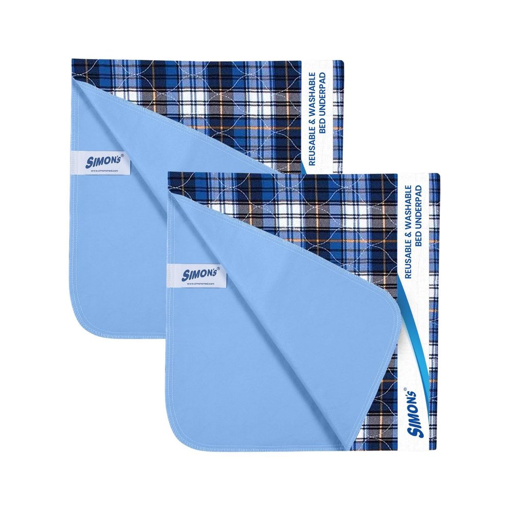 Simons Adult Reusable Stain-Mask Bed Underpad for Elderly, Heavy Absorbency Large Size 34 X 36 inches | Leak Proof 4 Layer Design Protects Surfaces for Incontinence Patients Blue Check | Pack of 2