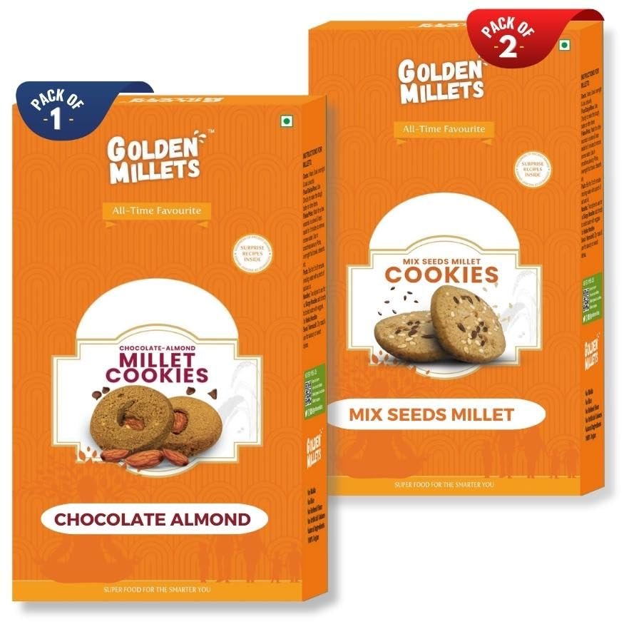 GOLDEN MILLETS Cookies Ready to Eat | No Maida | No Sugar | Chocolate Almond Millet Cookies & Mix Seeds Millet Cookies | Healthy Cookies for Kids | Millets Cookies Sugar-Free | Cookies Combo Pack of 3
