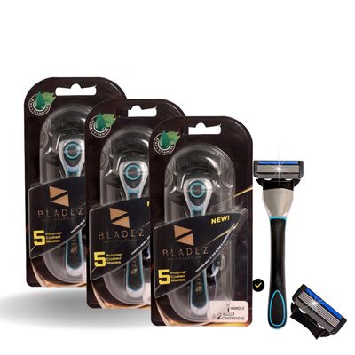 BLADEZ Women Shaving Razor 5 Blade Quick & Easy Hair Removal With Aloe+Vitamin, Flexible & Rounded Head, Non-Slip Handle | Pack Of 3
