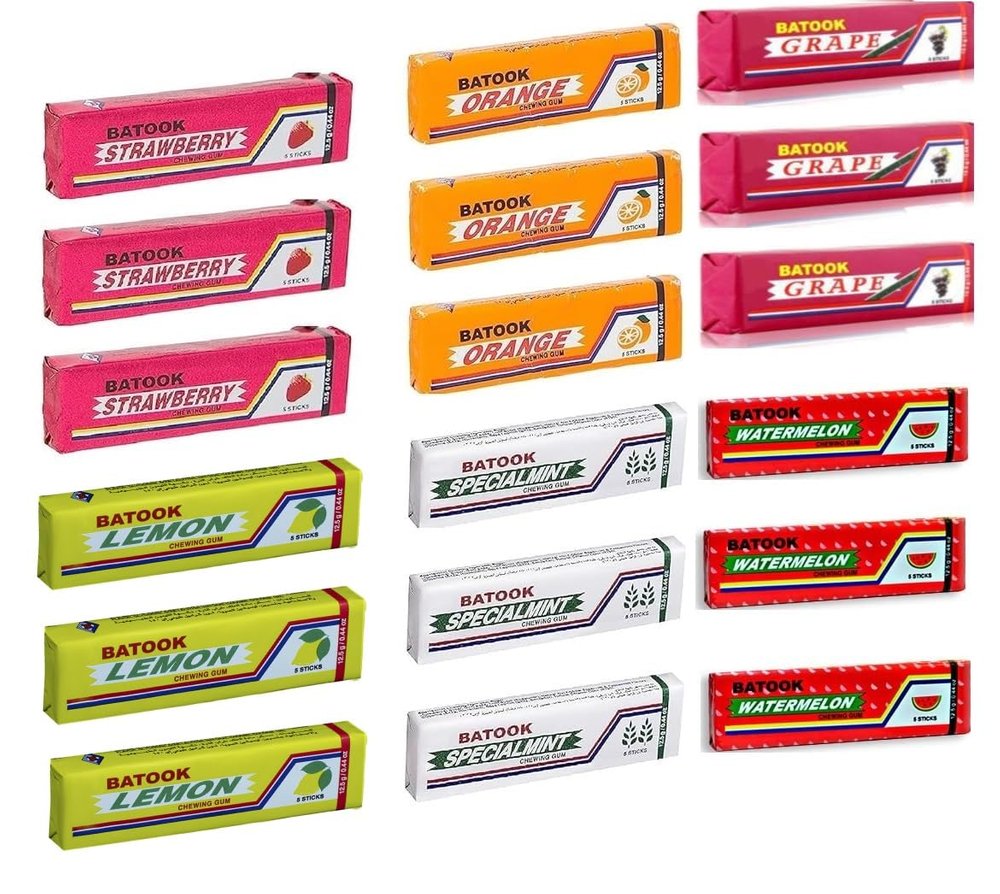 Batook 5 Sticks Chewing Gum Mixed Flavours (Orange3, Grape3, Strawberry3, Lemon3, Speacialmint3, Watermelon 3) Each 12gm 18 PCS (Combo Pack)