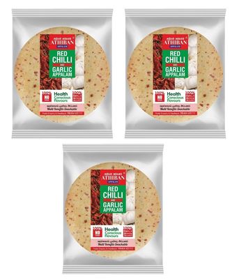 Athiban Appalam 90g Red Chilli & Garlic Appalam/Papad| No Soda Added| 4.5 Diameter| Traditionally Handmade. (Pack Of 3)