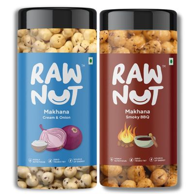RAW NUT Roasted & Flavoured Makhana Combo Pack | Cream and Onion & BBQ 80g X 2 | Flavoured Makhana 160g Jar Combo Pack