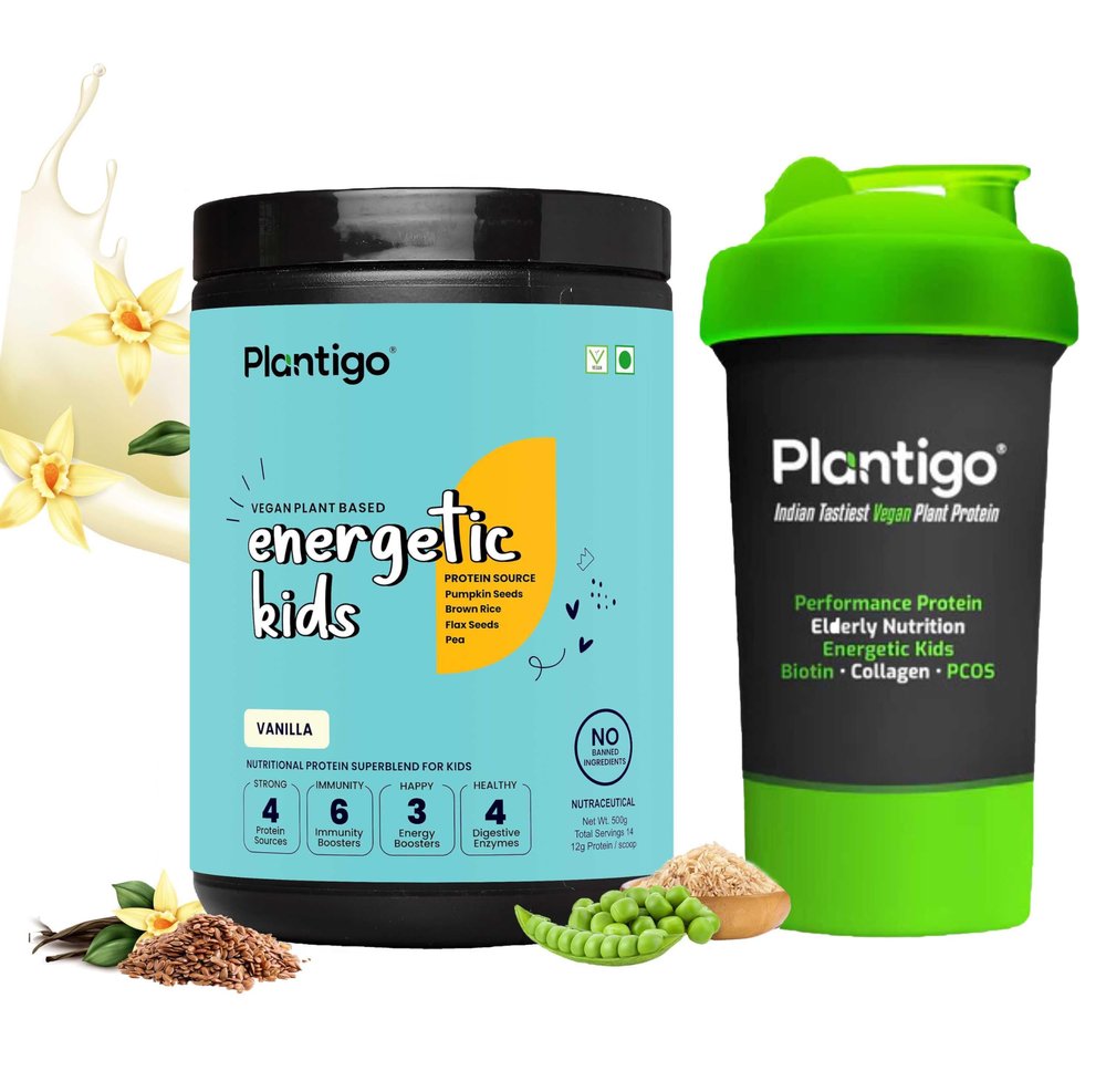 Plantigo Kids Protein 14g, 11 Vitamins, 8 Minerals, Nutrition Supplement | Muscle, Bone Growth & Brain Health | Plant Protein Powder for Kids 10+ years | (Vanilla Flavor - 500g + Shaker, 600ml)