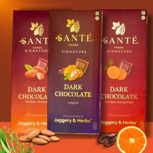 50% Dark Jaggery Chocolate| Sante Foods| Pack of 3| MultiFlavour Pack| No Added Sugar| Enriched with Ayurvedic Herbs| 50g each| Vegan Chocolates
