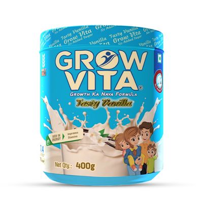 GrowVita Growth Ka Naya Formula Classic Vanilla Malt Milk Drink (No Added Sugar, 400g) Enriched with Essential Vitamins & Minerals for Healthy Growth, Immunity & Energy