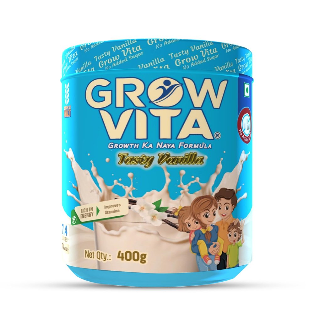 GrowVita Growth Ka Naya Formula Classic Vanilla Malt Milk Drink (No Added Sugar, 400g) Enriched with Essential Vitamins & Minerals for Healthy Growth, Immunity & Energy