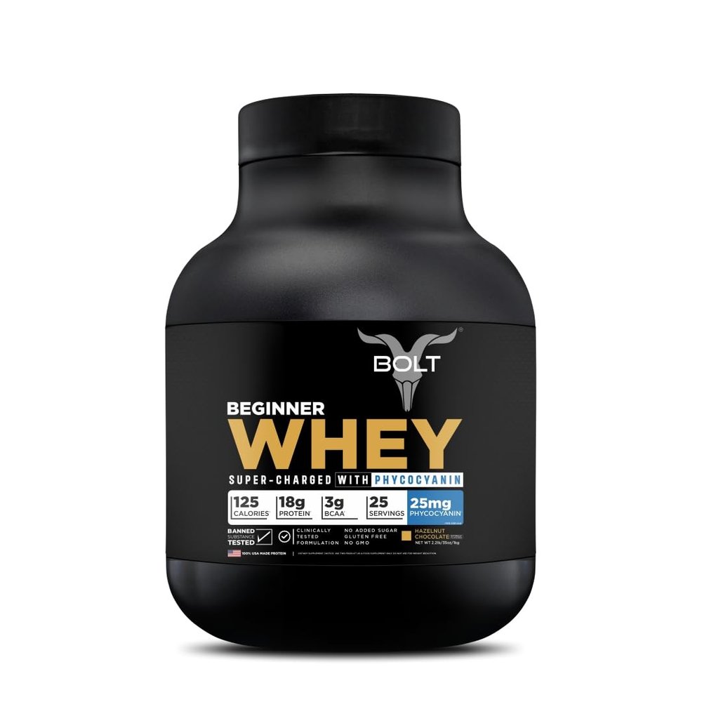 Bolt Beginner Whey Protein | 18g Protein, 3g BCAA per Serving | Ideal for Beginners | 25 Servings | Hazelnut Chocolate - 2.2 LB / 1 KG