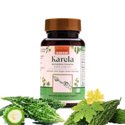 Ayurleaf Herbals Karela (Bitter Melon) Capsules | Pure Herbs for Healthy Sugar Levels and Improved Metabolism | Powerful Blood Purifier for Glowing Skin (Pack of 2, 120 Capsules)