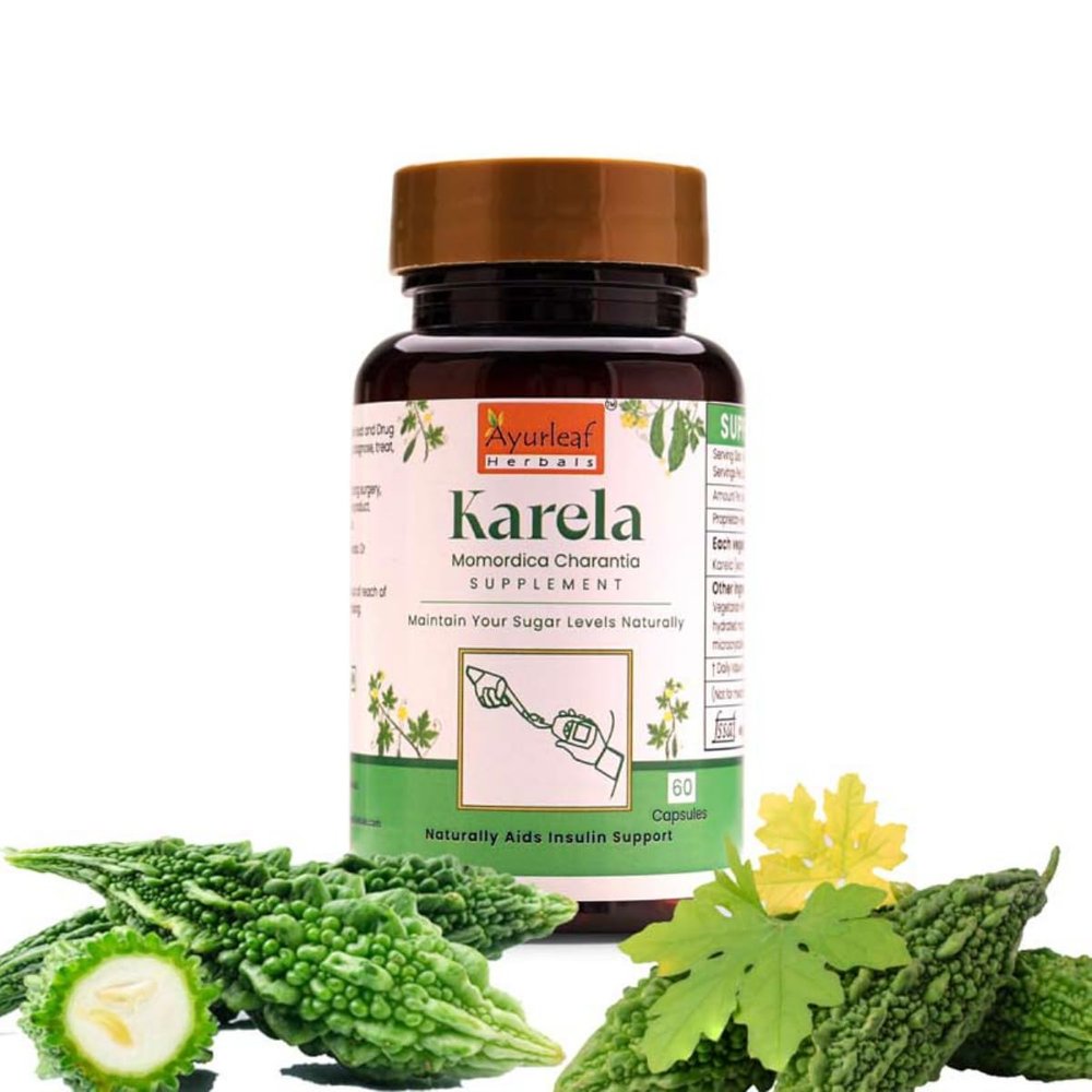 Ayurleaf Herbals Karela (Bitter Melon) Capsules | Pure Herbs for Healthy Sugar Levels and Improved Metabolism | Powerful Blood Purifier for Glowing Skin (Pack of 2, 120 Capsules)