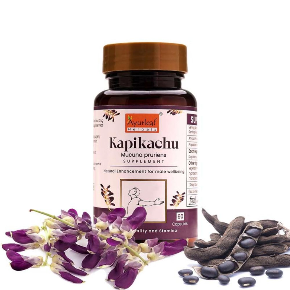 Ayurleaf Herbals Kapikachhu (Mucuna Pruriens) Capsules | Stress Reliever, Improves Brain & Nerve Function | 100% Natural Herb (Pack of 2, 120 Capsules)