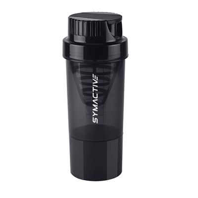 Amazon Brand - Symactive Pro Cyclone Plastic Shaker Bottle with Mixer Ball and Carry Loop | With Extra Compartment | Protein Shaker | Leak-Resistant | (Black, 500ml)
