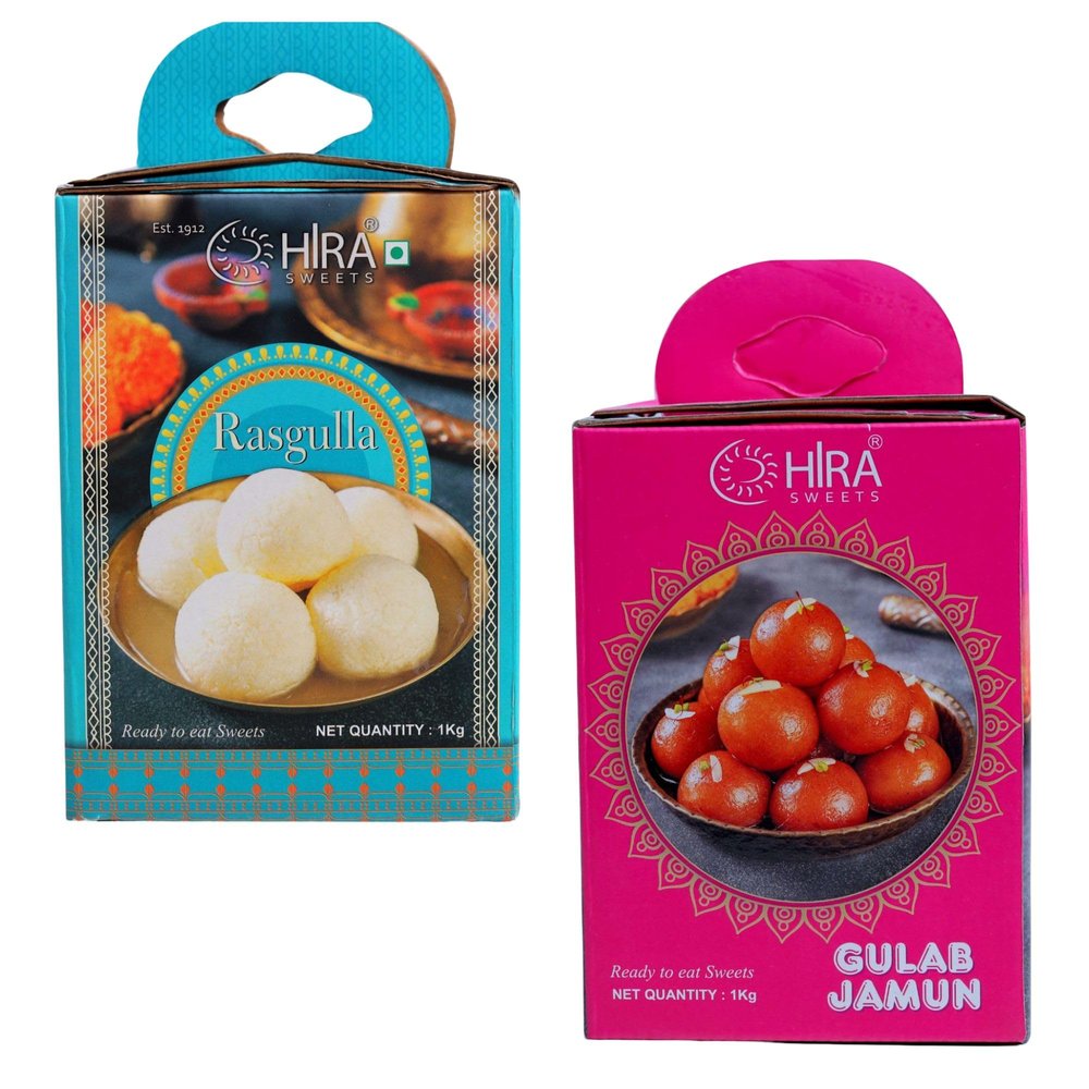 HIRA SWEETS Gulab Jamun Rasgulla Combo 2Kg | Indian Mithai | Enjoy Rich Flavors of Rasgulla Gulab Jamun Combo | Ready to Eat Sweet | Indian Sweet for Celebration and Party Pack of 2 (1 Kg Each)
