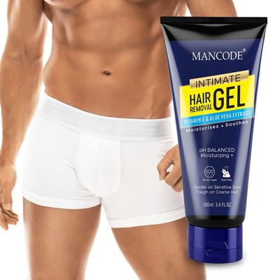 Mancode Intimate Hair Removal Gel for Men  Fast & Painless, Soothing for Unwanted Coarse Pubic Hair, Suitable For All Skin Types - 100ml
