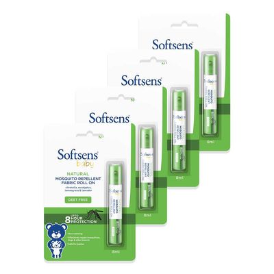 Softsens Baby Natural Mosquito Repellent Fabric Roll-On - 8ml | Non-Sticky Mosquito Repellent With Upto 8 Hrs Protection | Paediatrician Certified, Pack of 4