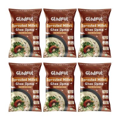Gladful Sprouted Millet Instant Ghee Upma Mix - No Palm Oil, Trans Fat & Maida - Made with Jawar, Ragi and Suji/Rawa, Ghee & Cashew - Multigrain Protein Breakfast Healthy Snack - Pack of 6 (60g each)