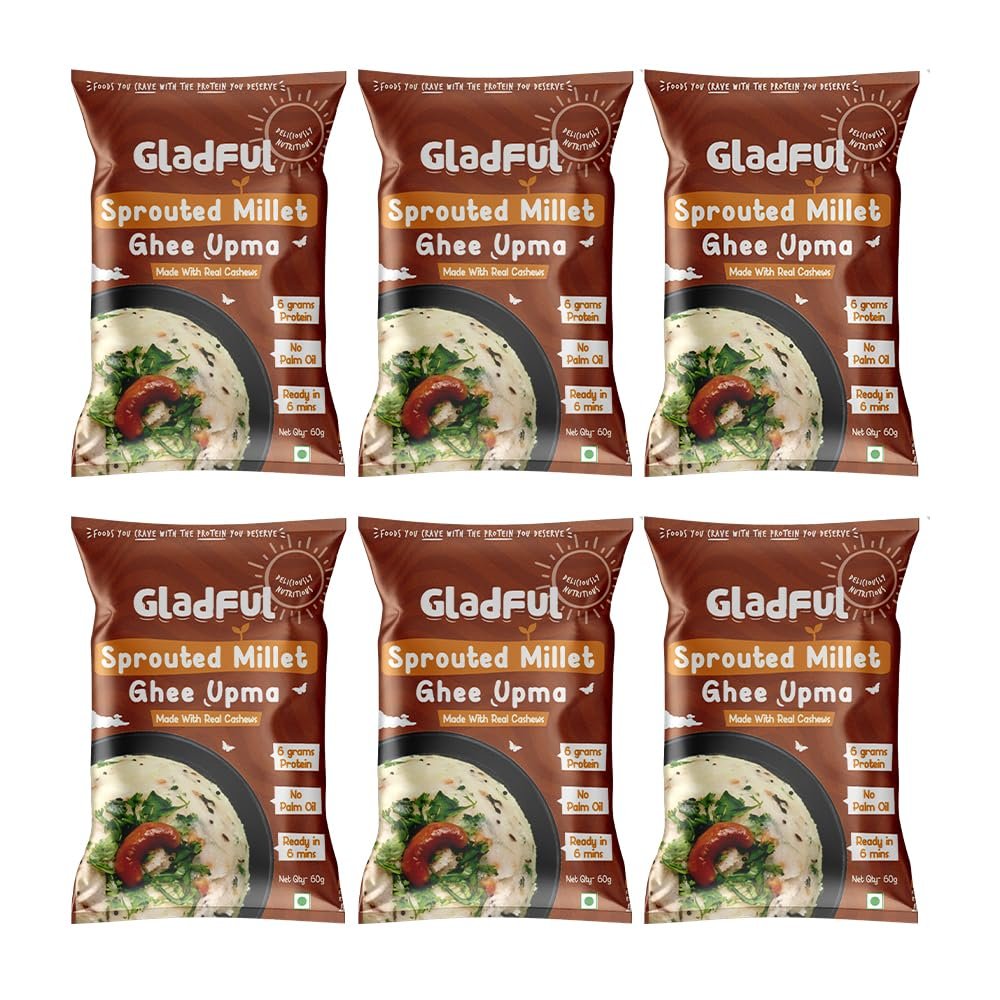 Gladful Sprouted Millet Instant Ghee Upma Mix - No Palm Oil, Trans Fat & Maida - Made with Jawar, Ragi and Suji/Rawa, Ghee & Cashew - Multigrain Protein Breakfast Healthy Snack - Pack of 6 (60g each)