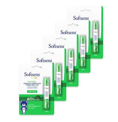 Softsens Baby Natural Mosquito Repellent Fabric Roll-On - 8ml | Non-Sticky Mosquito Repellent With Upto 8 Hrs Protection | Paediatrician Certified, Pack of 5