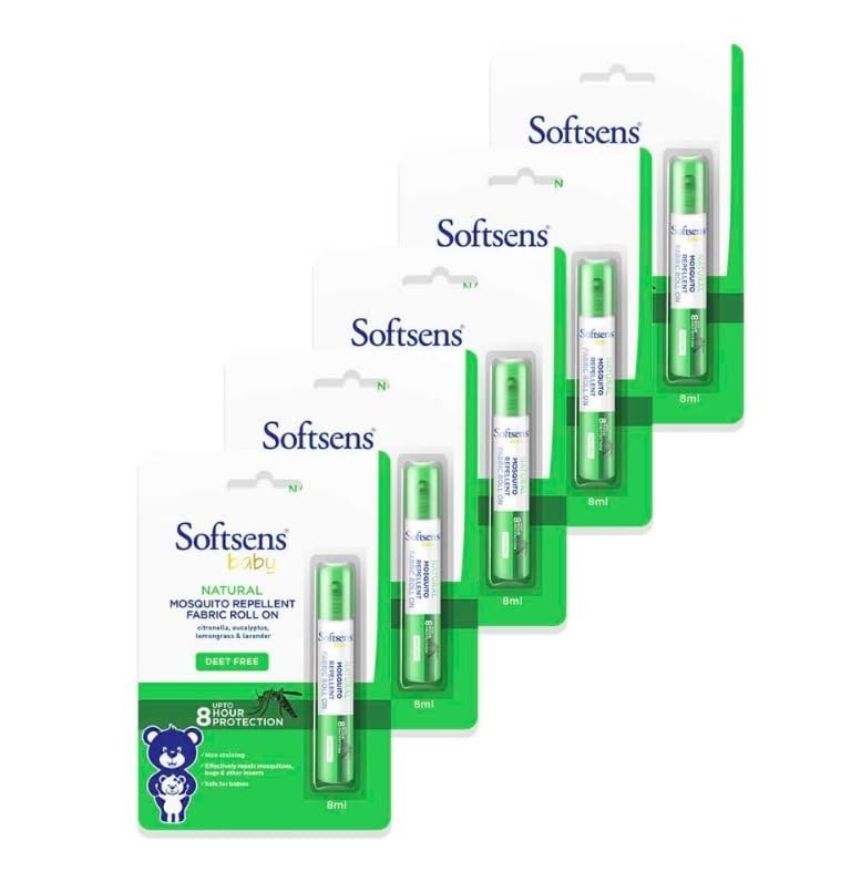 Softsens Baby Natural Mosquito Repellent Fabric Roll-On - 8ml | Non-Sticky Mosquito Repellent With Upto 8 Hrs Protection | Paediatrician Certified, Pack of 5