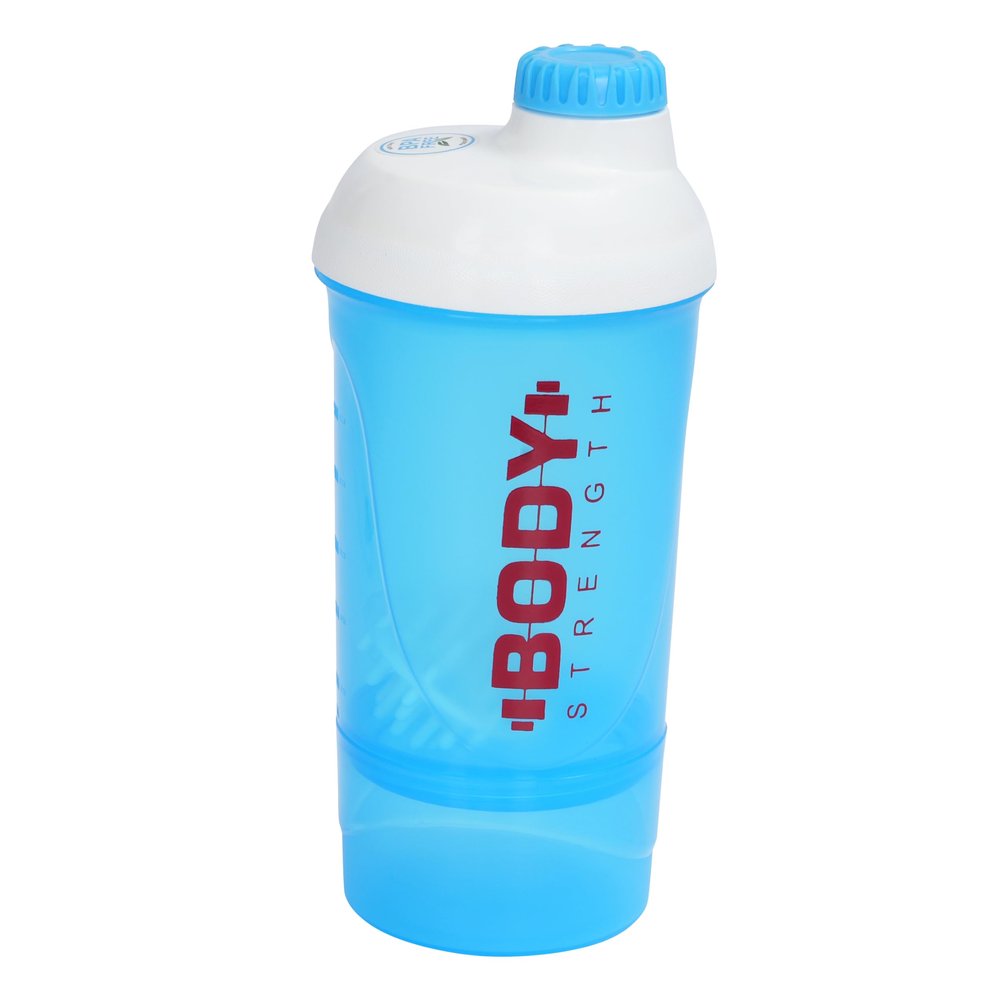 Body strength Sports Gym Protein Shaker Bottle With Mixer Ball, Compartment for Pre-Post Workout for Men & Women | 500ml (Sky Blue)