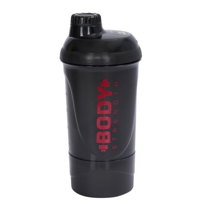 Body strength Sports Gym Protein Shaker Bottle With Mixer Ball, Compartment for Pre-Post Workout for Men & Women | 500ml (Black)