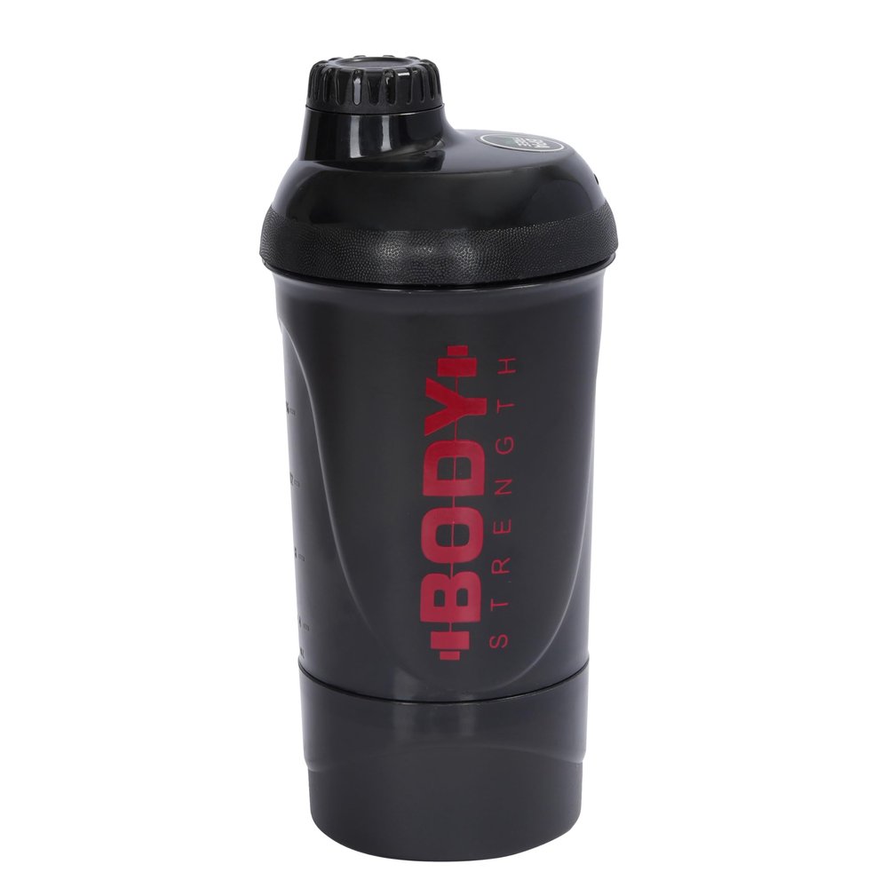 Body strength Sports Gym Protein Shaker Bottle With Mixer Ball, Compartment for Pre-Post Workout for Men & Women | 500ml (Black)