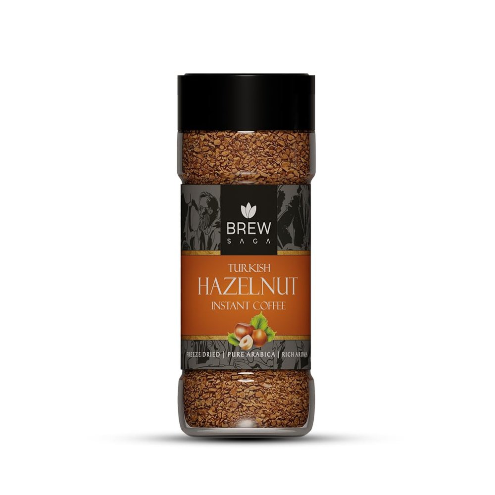 BREWSAGA Turkish Hazelnut Instant Coffee | 50g Granules, Makes 30 Cups | 100% Arabica, Freeze-Dried, Flavored Coffee Powder | No Added Sugar | Nutty & Aromatic | Perfect for Home or Office