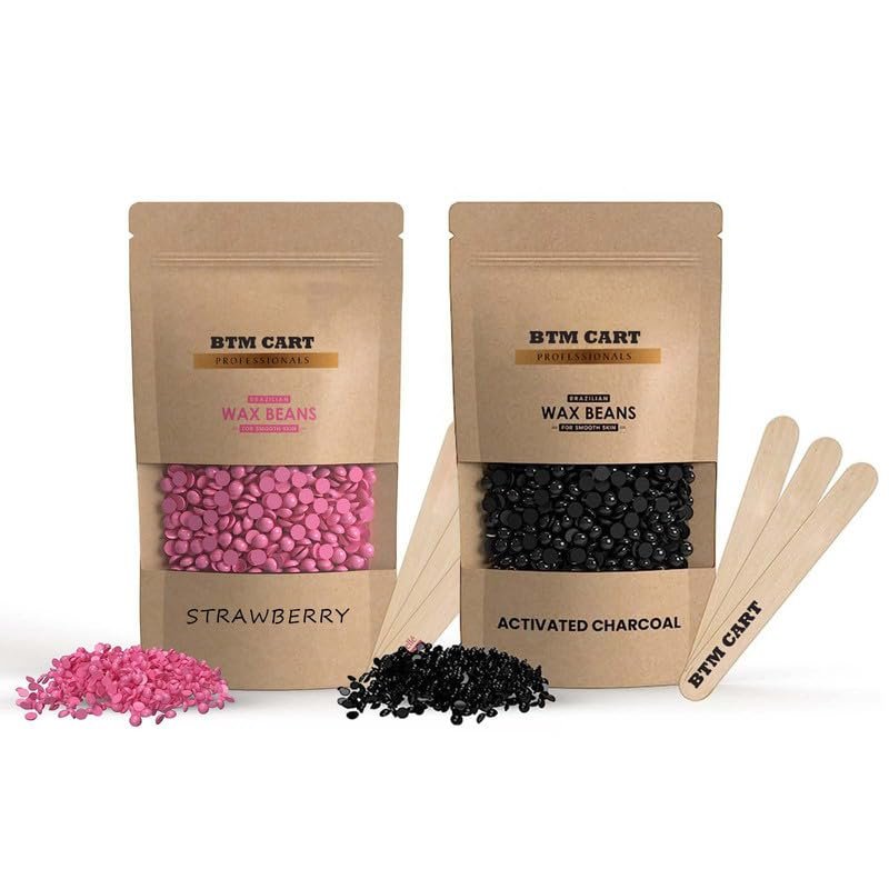 BTM CART Hair Removal Hard Wax Beans Painless And Stripless For Women Face, Eyebrow, Back Hair, Chest Hair, Bikini Hair Wax Bean,Legs, Arms, Beards (100 gm Charcoal-100gm Strawberry)