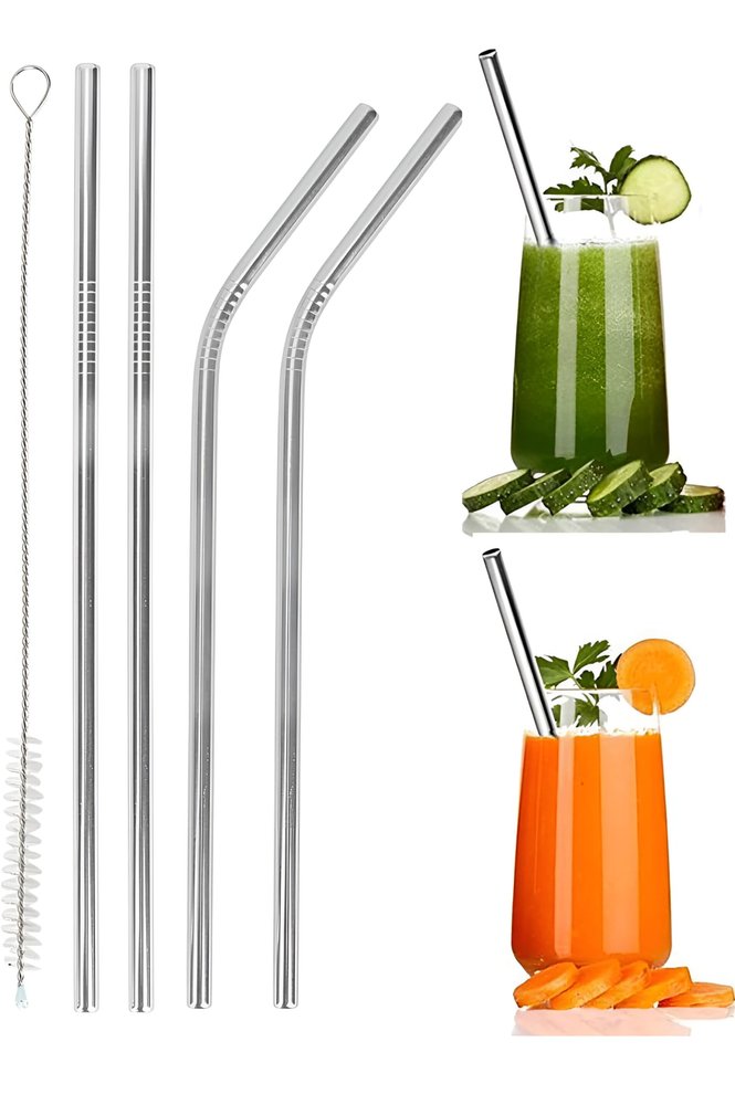 ANKUS Reusable Stainless Steel Straw with Cleaning Brush Metal Straw for Drinking Juice 8.5 Inch (2 Bent + 2 Straight + 1 Brush)
