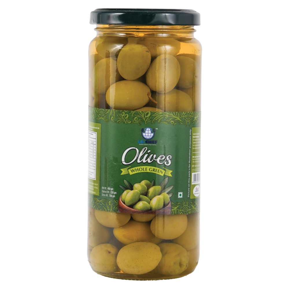 LE-CHEF Whole Green Olives 450g | Whole Mediterranean Olives | Table Olives & Cooking Ingredient