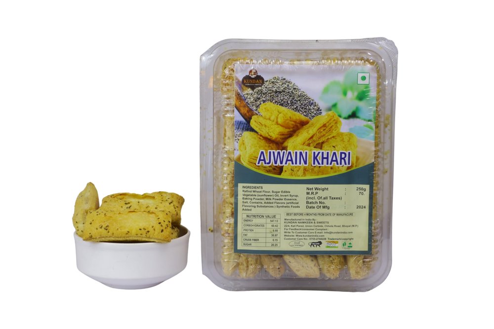 KUNDAN NAMKEEN Handmade Zero Sugar Ajwain Khari Cookies Puffs Biscuits Snacks, 250 Grams each (Pack of 2)