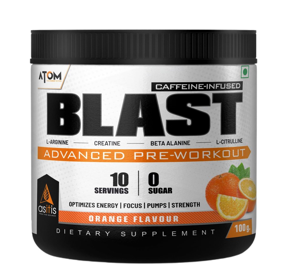 Asitis Nutrition Atom Blast Advanced Pre-Workout Powder - 100Gms, Orange, Caffeine & L- Arginine Infused, Optimizes Energy, Increase Strength & Pumps